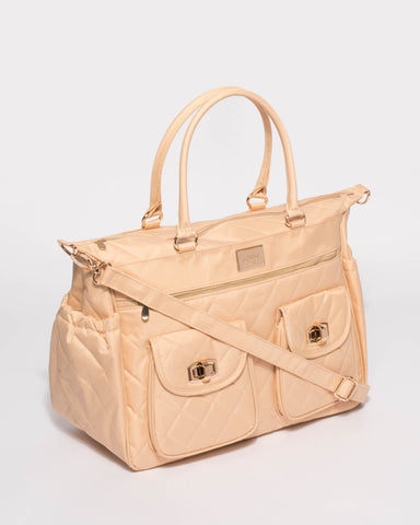 Beige Quilted Baby Bag With Gold Hardware