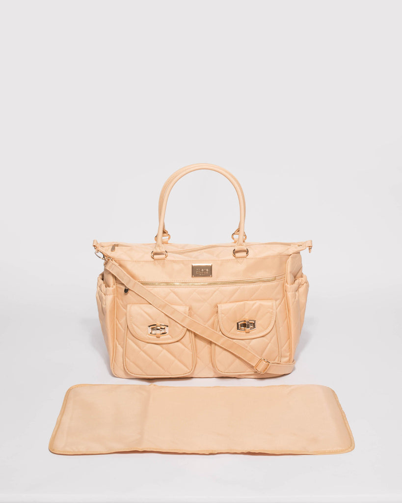 Beige Quilted Baby Bag With Gold Hardware
