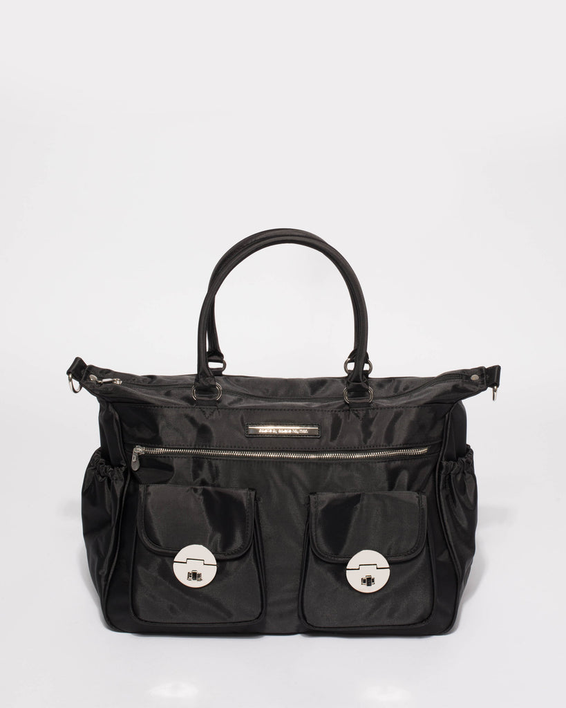 Black Double Pocket Baby Bag With Silver Hardware