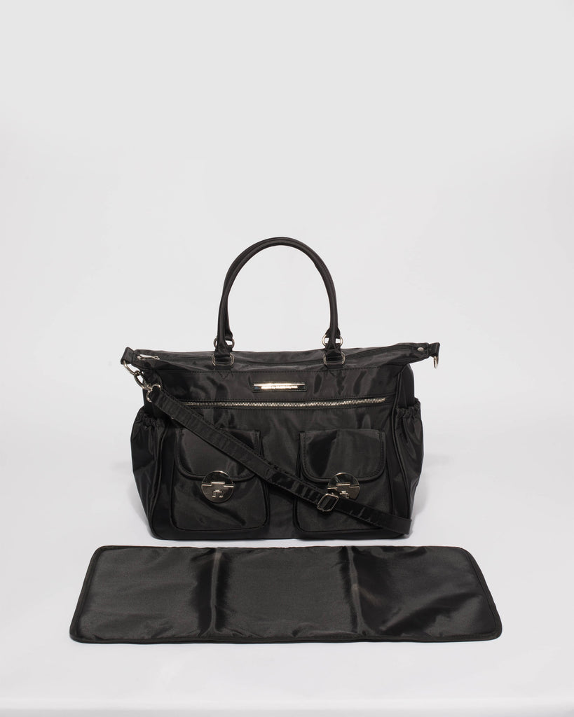 Black Double Pocket Baby Bag With Silver Hardware