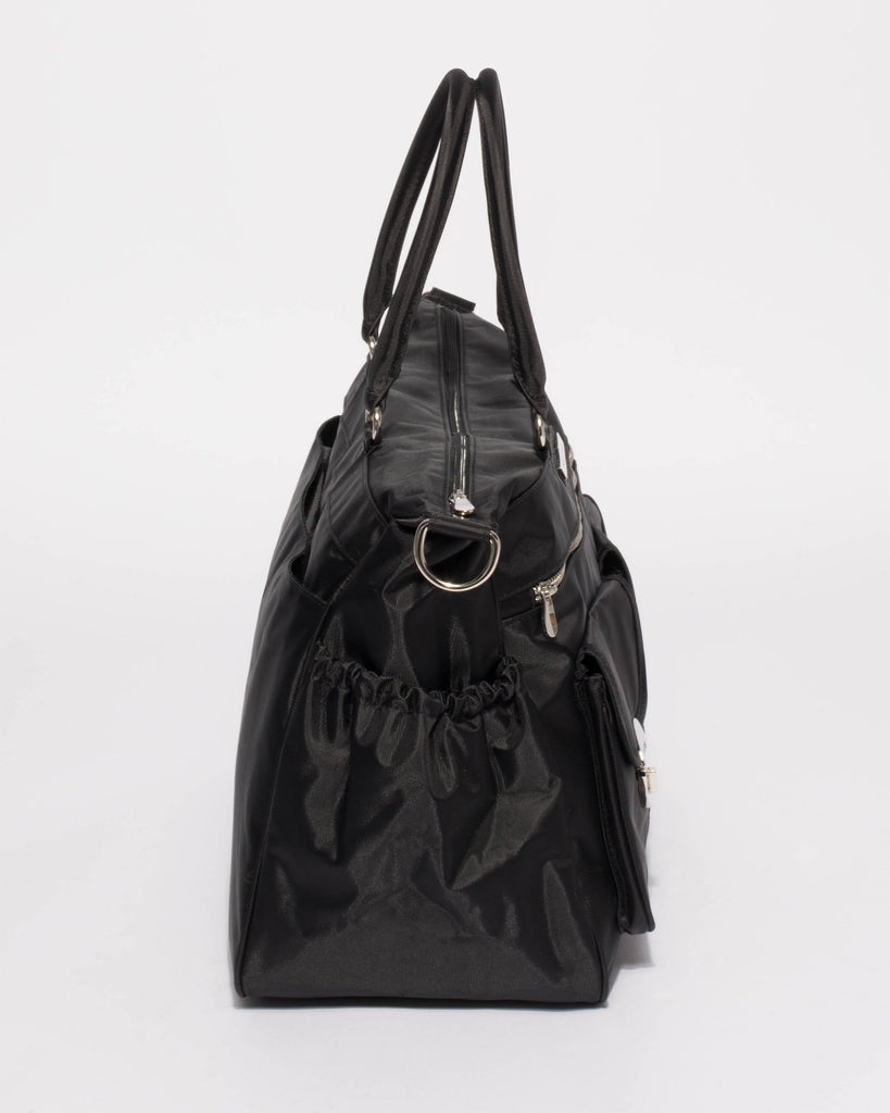 Black Double Pocket Baby Bag With Silver Hardware