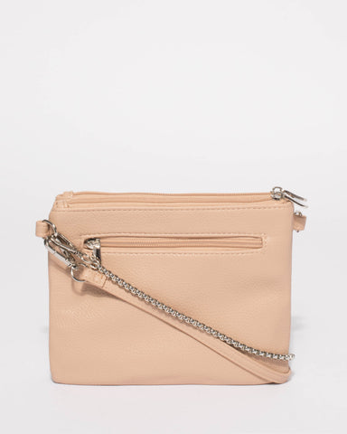 Beige Double Peta Chain Crossbody Bag With Silver Hardware