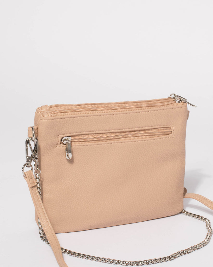 Beige Double Peta Chain Crossbody Bag With Silver Hardware