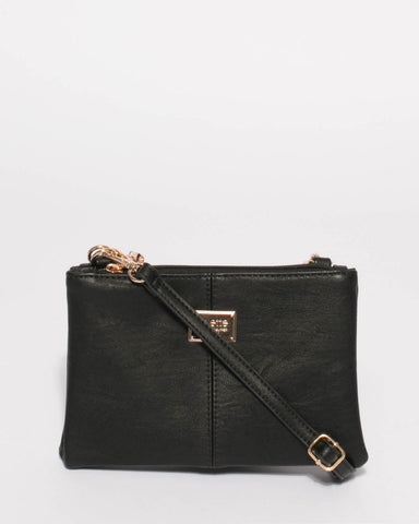 Black Double Peta Crossbody Bag With Gold Hardware