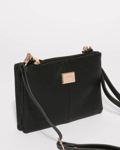 Black Double Peta Crossbody Bag With Gold Hardware