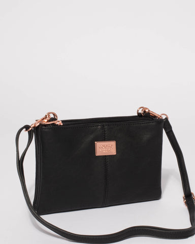 Black Double Peta Crossbody Bag With Rose Gold Hardware