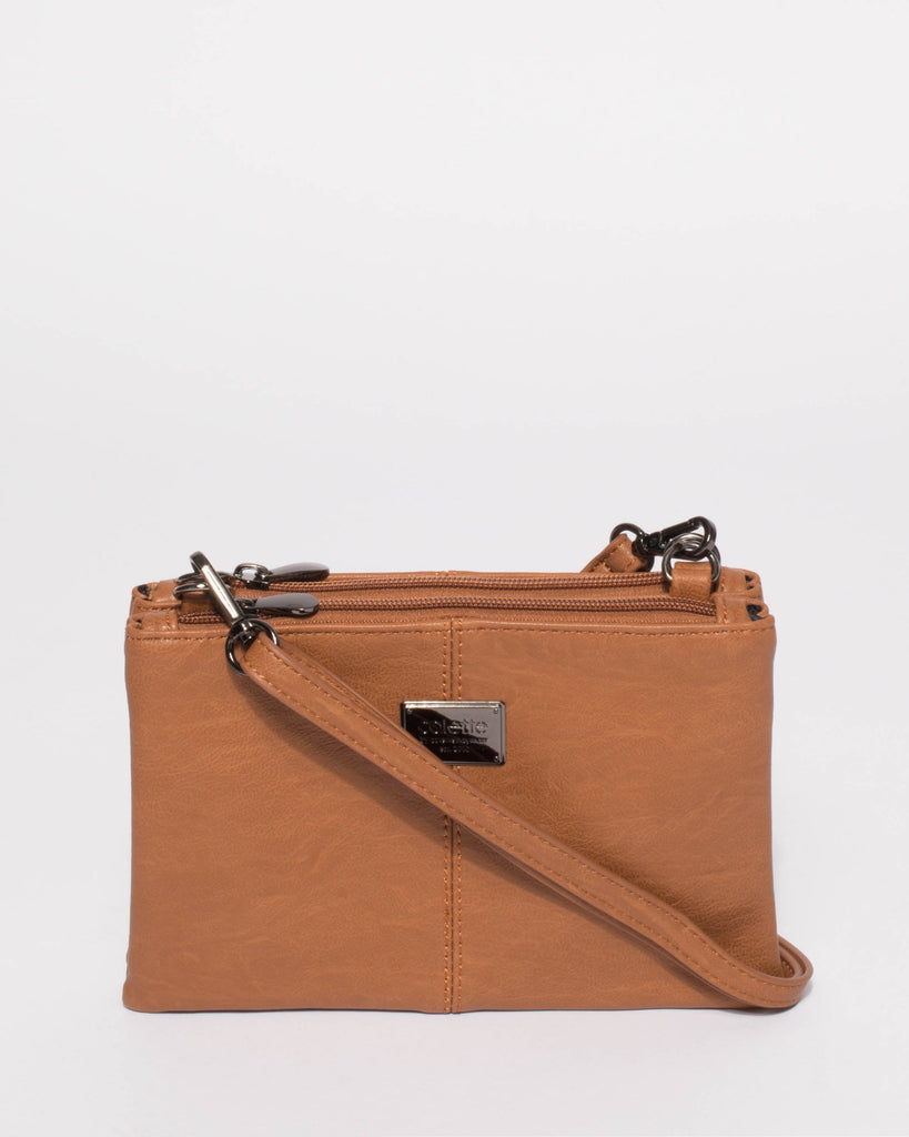 Tan Smooth Double Peta Pouch Crossbody Bag
