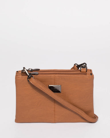 Tan Smooth Double Peta Pouch Crossbody Bag
