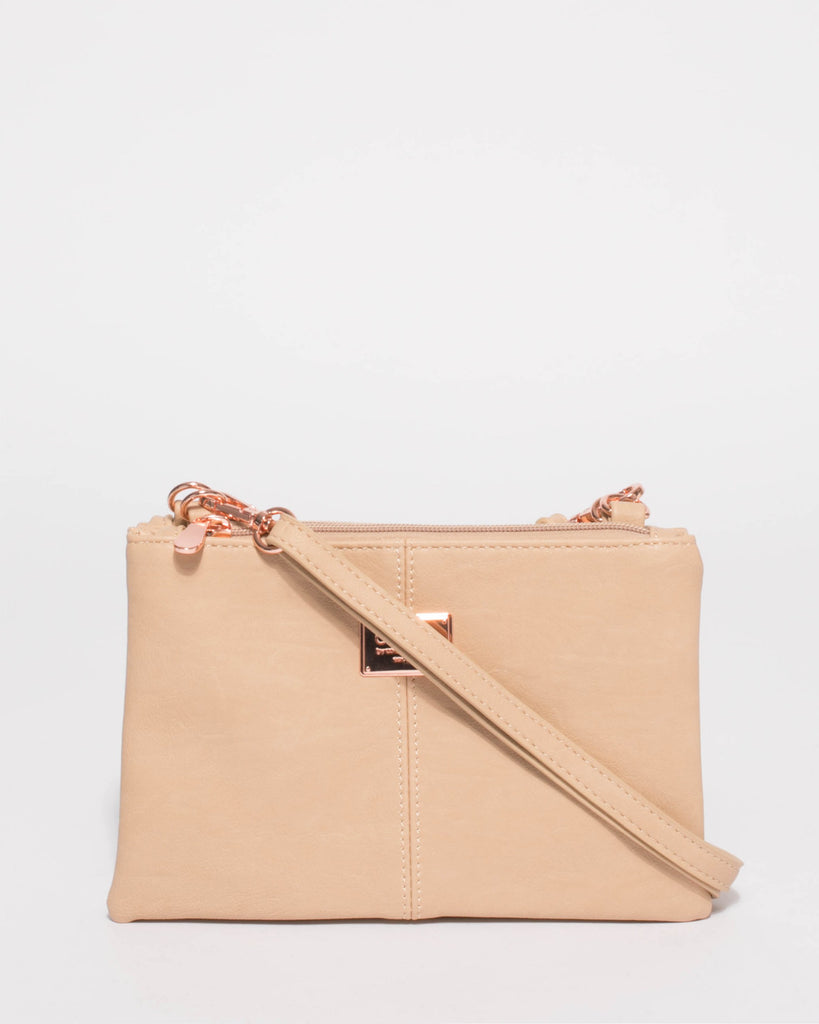 Beige Double Peta Crossbody Bag With Rose Gold Hardware