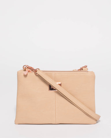 Beige Double Peta Crossbody Bag With Rose Gold Hardware