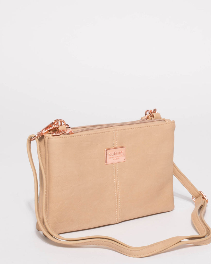 Beige Double Peta Crossbody Bag With Rose Gold Hardware
