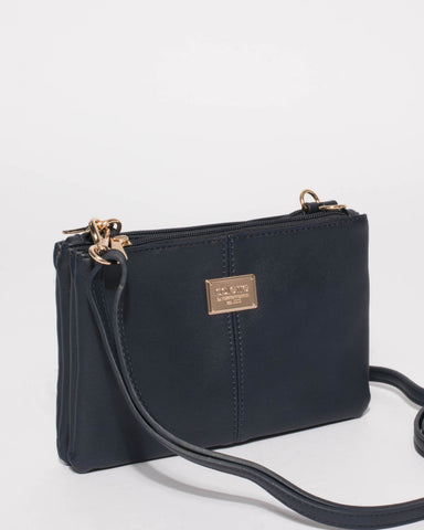 Navy Double Peta Crossbody Bag With Gold Hardware