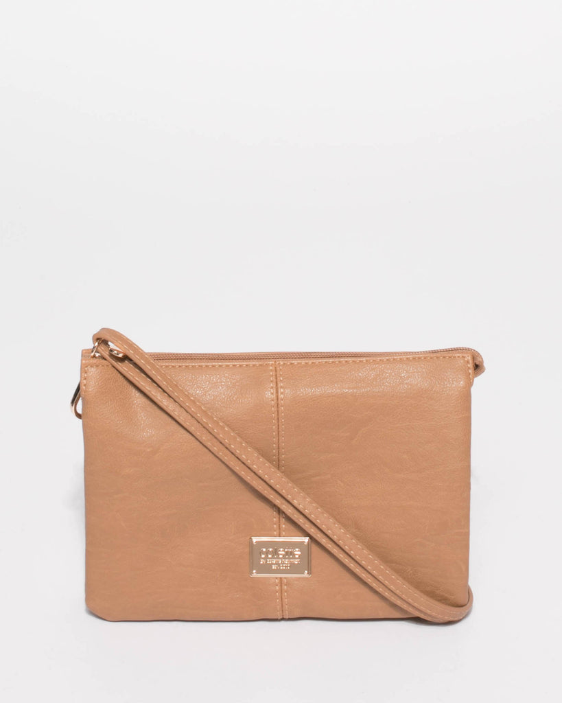 Caramel Triple Pocket Crossbody Bag