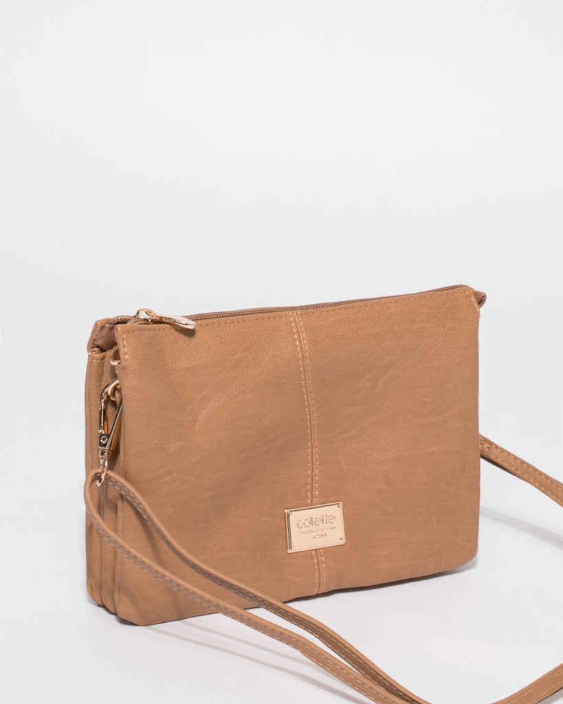 Caramel Triple Pocket Crossbody Bag