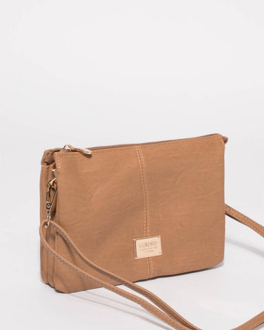 Caramel Triple Pocket Crossbody Bag