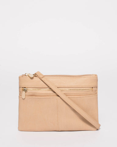 Beige Smooth Audrey Crossbody Bag With Gold Hardware