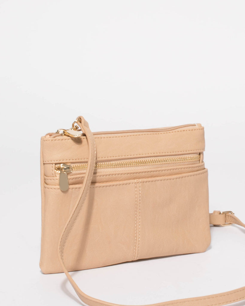 Beige Smooth Audrey Crossbody Bag With Gold Hardware