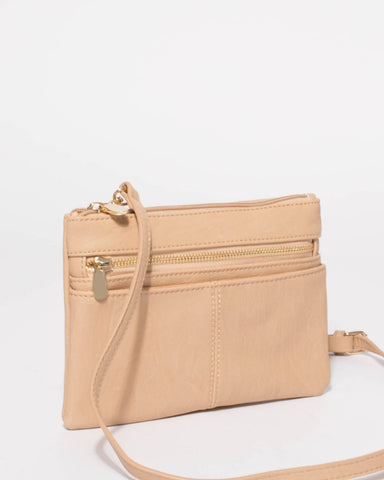 Beige Smooth Audrey Crossbody Bag With Gold Hardware