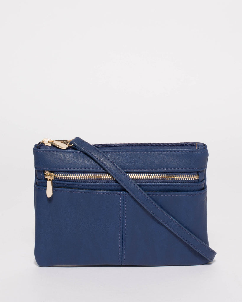 Blue Smooth Audrey Crossbody Bag With Gold Hardware