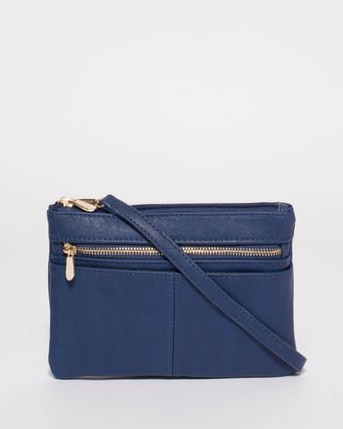 Blue Smooth Audrey Crossbody Bag With Gold Hardware