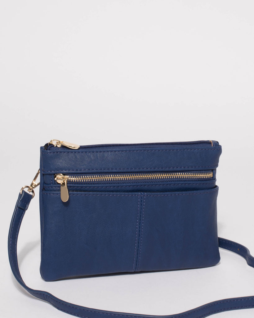 Blue Smooth Audrey Crossbody Bag With Gold Hardware