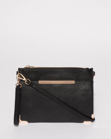 Black Textured Front Pocket Peta Crossbody Bag