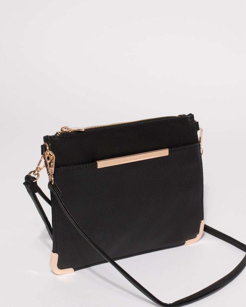 Black Textured Front Pocket Peta Crossbody Bag