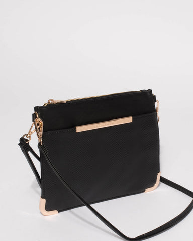 Black Textured Front Pocket Peta Crossbody Bag