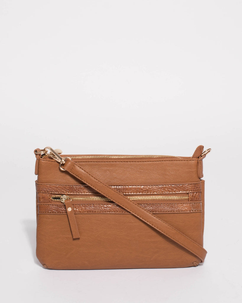 Tan Large Zip Pocket Peta Crossbody Bag