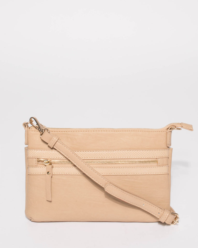 Beige Large Zip Pocket Peta Crossbody Bag