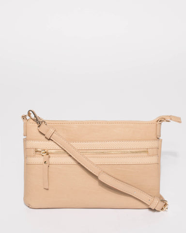 Beige Large Zip Pocket Peta Crossbody Bag