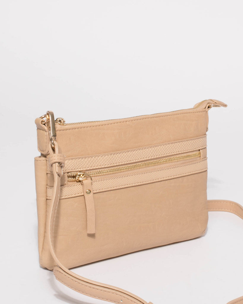 Beige Large Zip Pocket Peta Crossbody Bag
