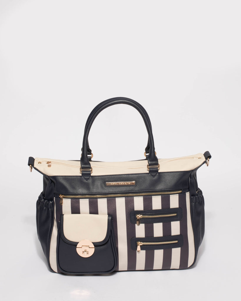 Monochrome Stripe Smooth Multi Pocket And Zip Baby Bag