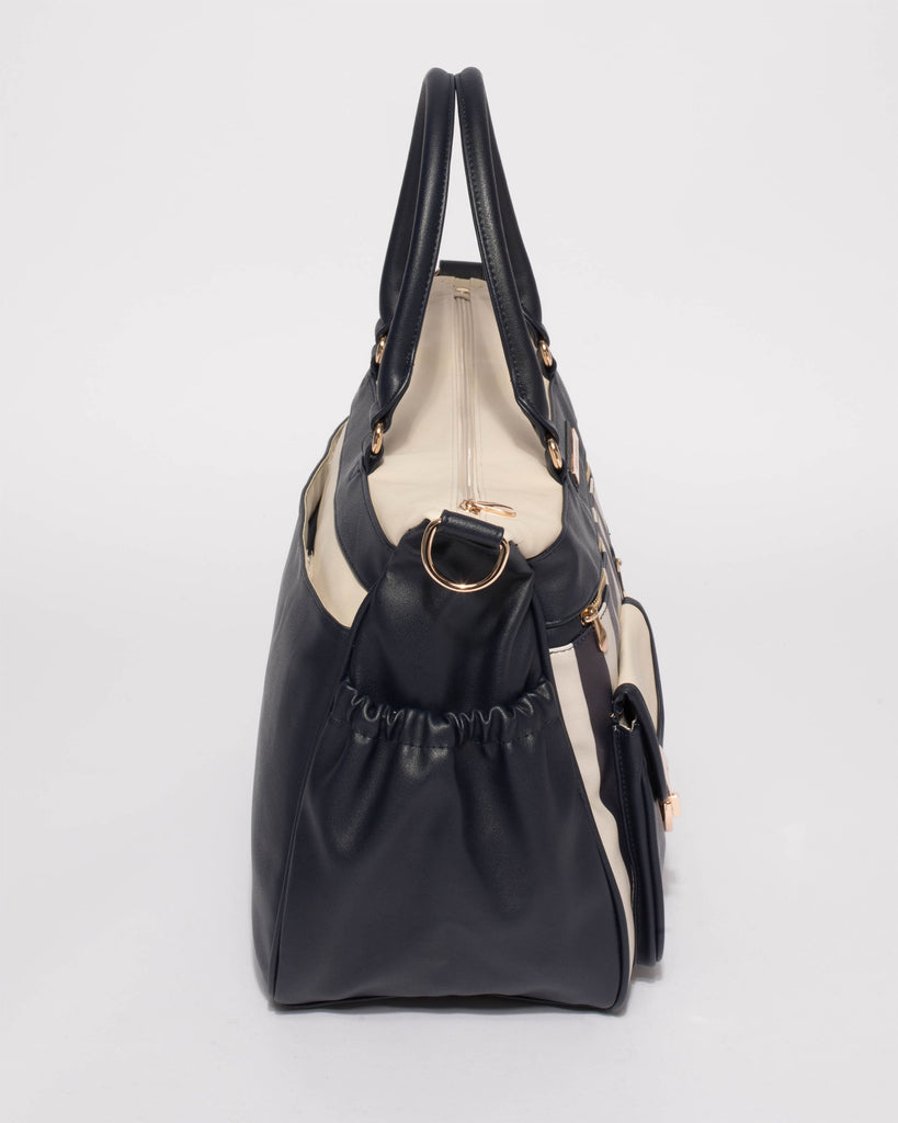 Monochrome Stripe Smooth Multi Pocket And Zip Baby Bag