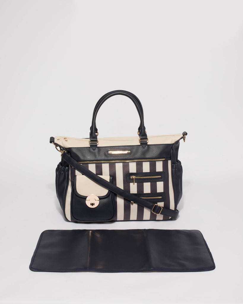 Monochrome Stripe Smooth Multi Pocket And Zip Baby Bag