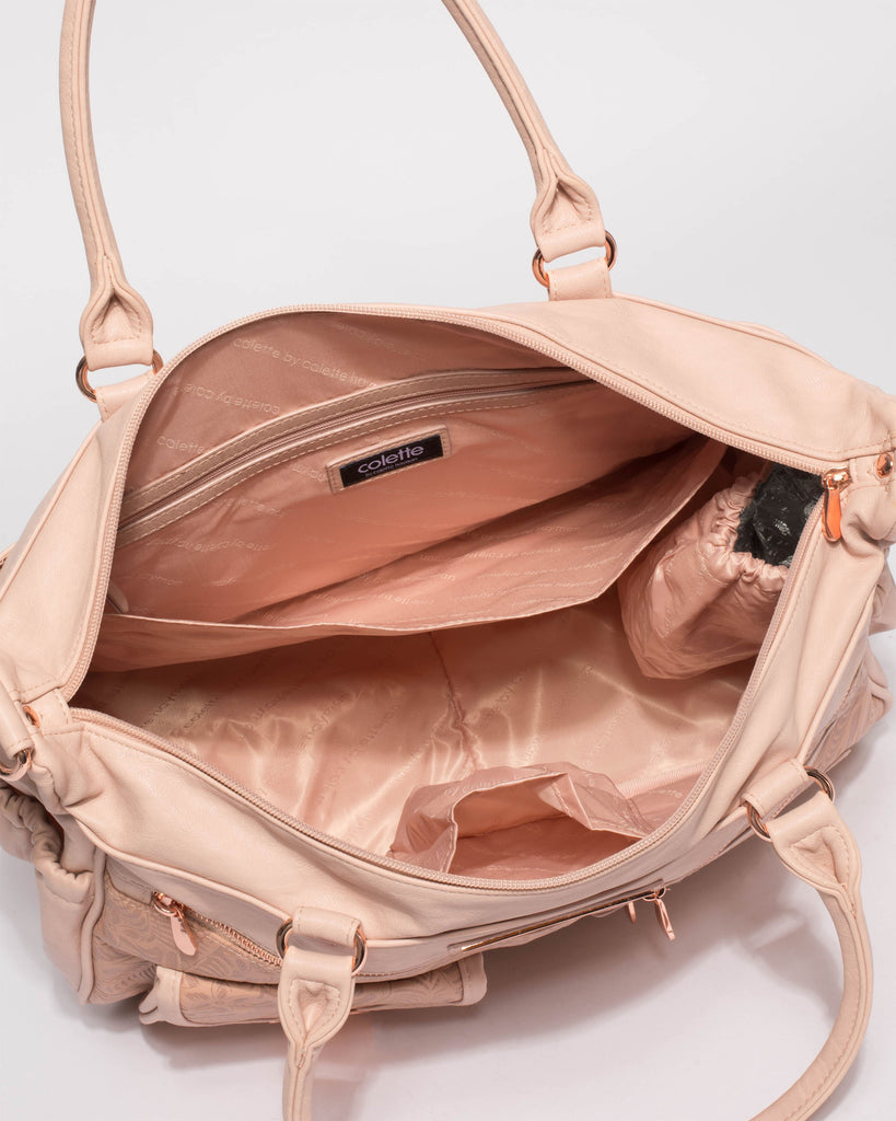 Pink Embossed Pocket And Zip Baby Bag With Rose Gold Hardware
