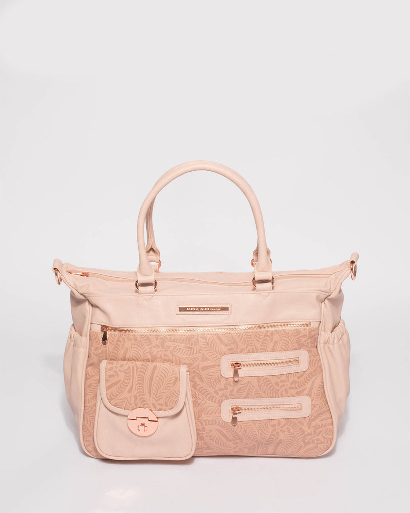 Pink Embossed Pocket And Zip Baby Bag With Rose Gold Hardware
