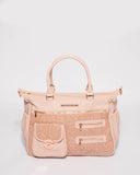 Pink Embossed Pocket And Zip Baby Bag With Rose Gold Hardware