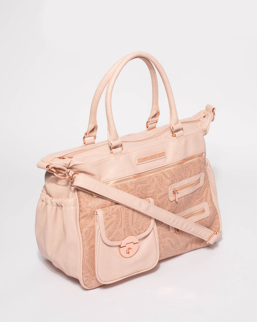 Pink Embossed Pocket And Zip Baby Bag With Rose Gold Hardware