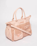 Pink Embossed Pocket And Zip Baby Bag With Rose Gold Hardware
