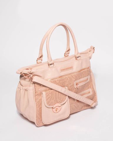 Pink Embossed Pocket And Zip Baby Bag With Rose Gold Hardware