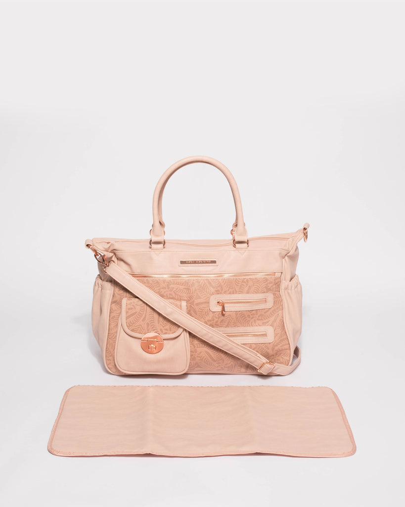 Pink Embossed Pocket And Zip Baby Bag With Rose Gold Hardware