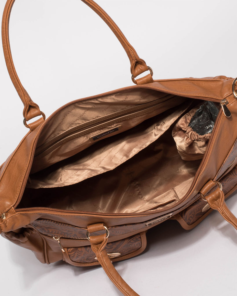Tan Embossed Baby Travel Bag With Gold Hardware