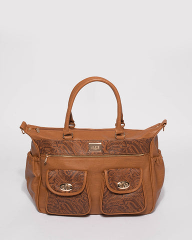Tan Embossed Baby Travel Bag With Gold Hardware