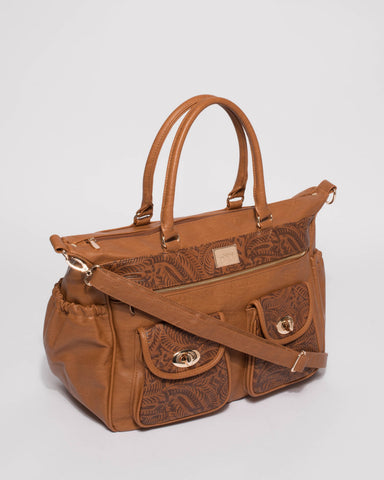 Tan Embossed Baby Travel Bag With Gold Hardware