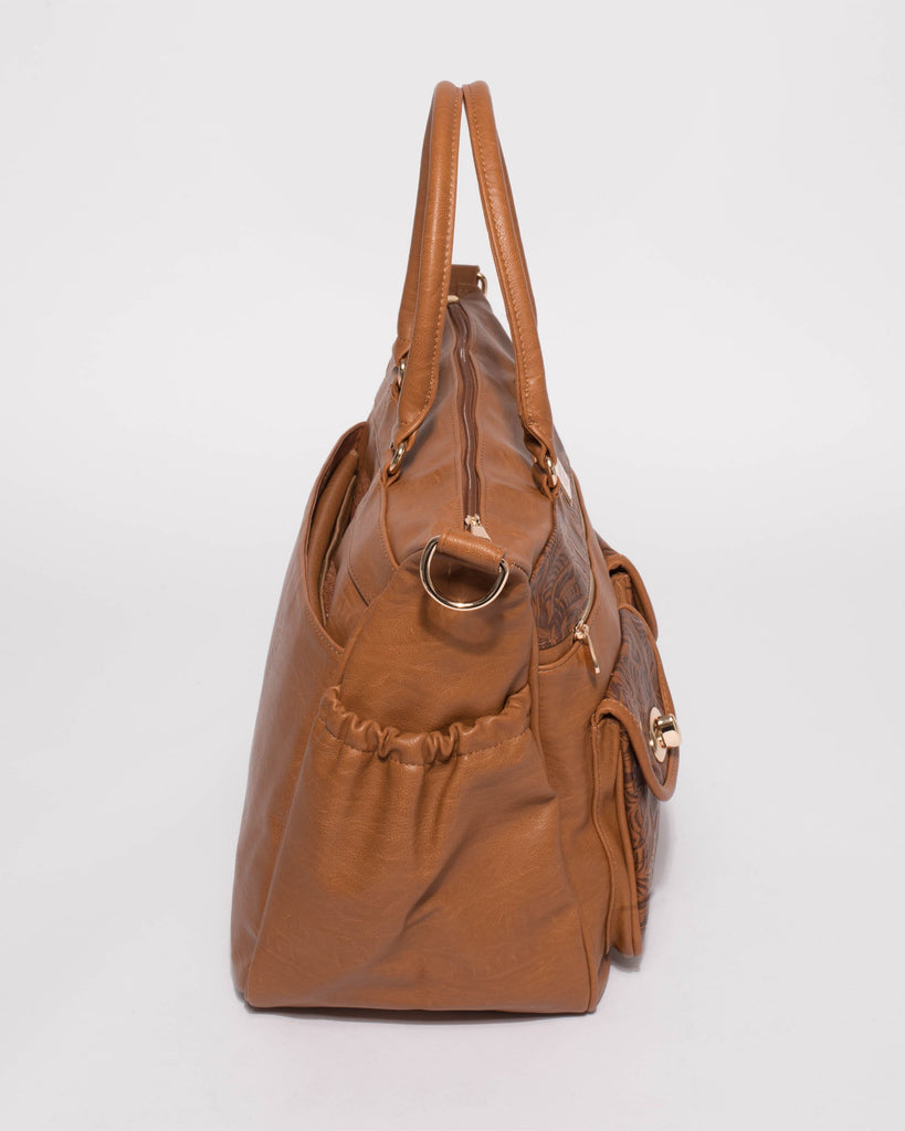 Tan Embossed Baby Travel Bag With Gold Hardware