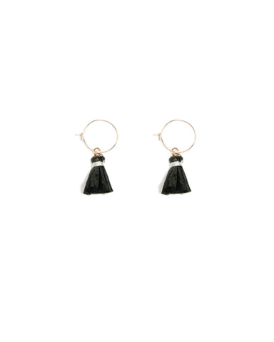 Black Gold Tone Tassel Raffia Hoop Earrings