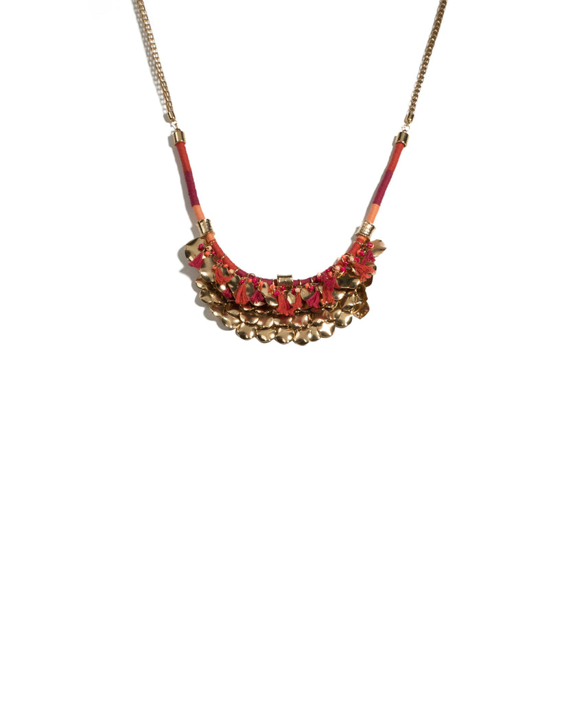Multi Colour Gold Tone Thread Wrap Disk Statement Necklace