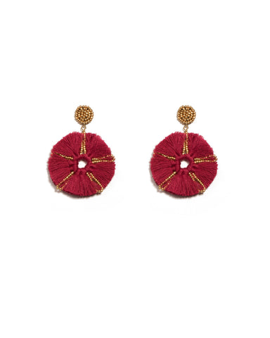Burgundy Gold Tone Tassel Wheel Drop Earrings