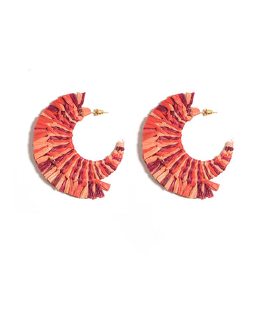 Coral Gold Tone Raffia Side Hoop Statement Earrings
